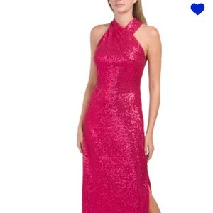 Fushia red sequins large sequins Rachel Roy gown formal dress side slit